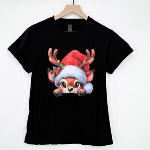 Cute Reindeer Santa Hat Christmas T-Shirt Youth Small Black Tee Holiday Graphic